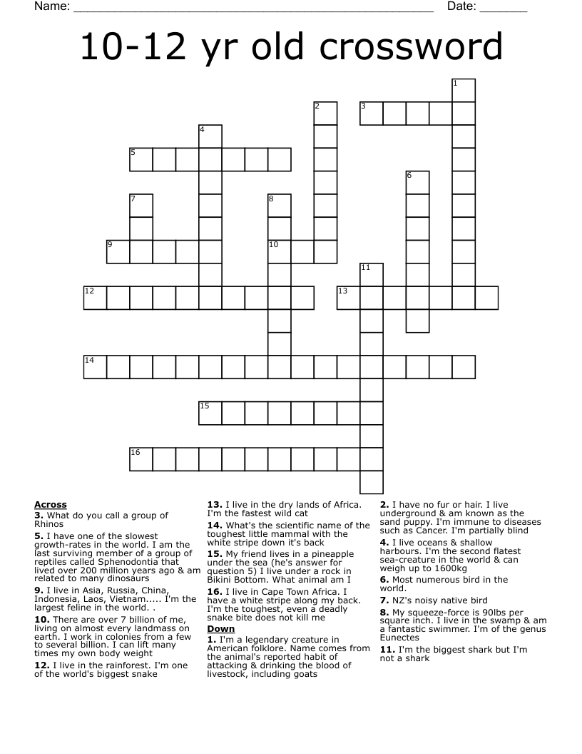 10 12 Yr Old Crossword WordMint 10 12 Yr Old Crossword WordMint