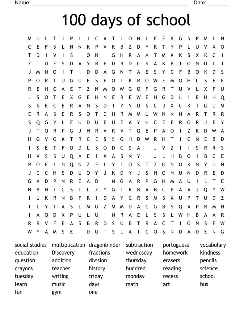 100 Days Of School Word Search WordMint 100 Days Of School Word Search WordMint