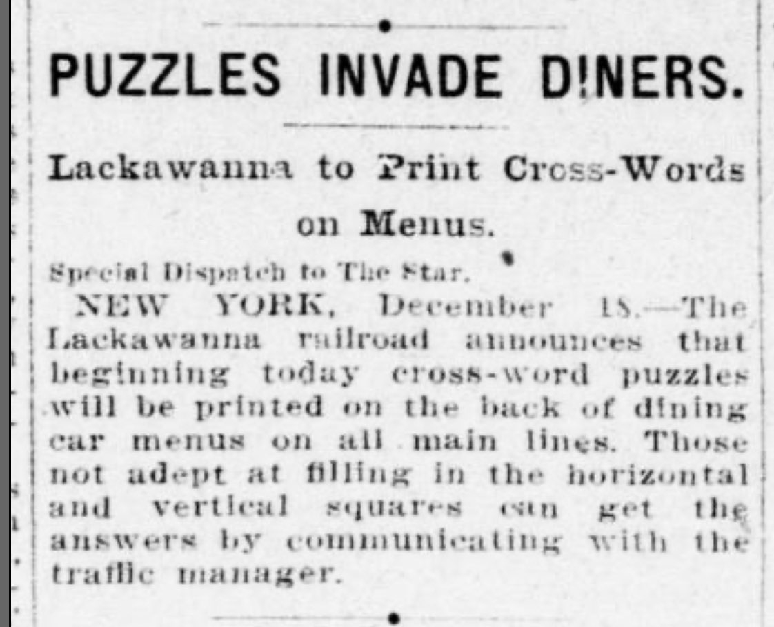 1925 Live On X Crossword Mania Continues To Sweep America In New York The Lackawanna Railroad Announced That Crossword Puzzles Will Be Printed On The Back Of Dining Car Menus Restaurants Throughout