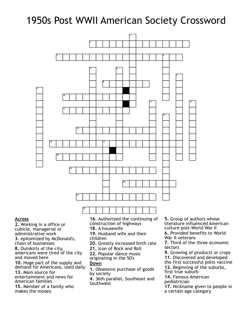 1950s Post WWII American Society Crossword WordMint 1950s Post WWII American Society Crossword WordMint