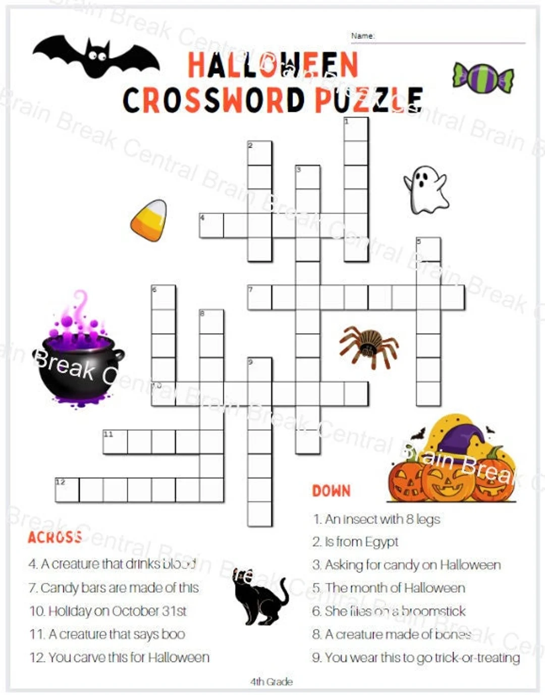 4th Grade Halloween Crossword Puzzle With Answer Key Etsy Australia