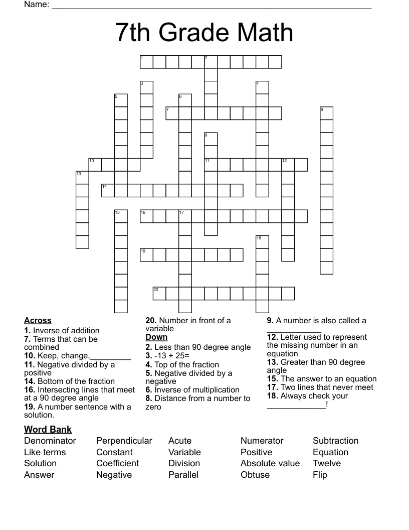 Maths Crossword Puzzle Printable