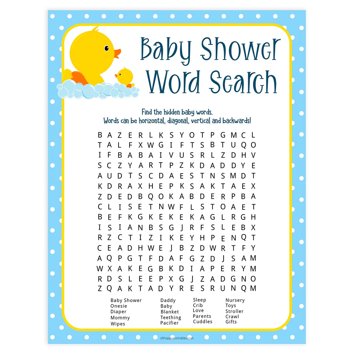 Baby Word Search Printable Rubber Ducky Baby Shower Games OhHappyPrintables Baby Word Search Printable Rubber Ducky Baby Shower Games OhHappyPrintables