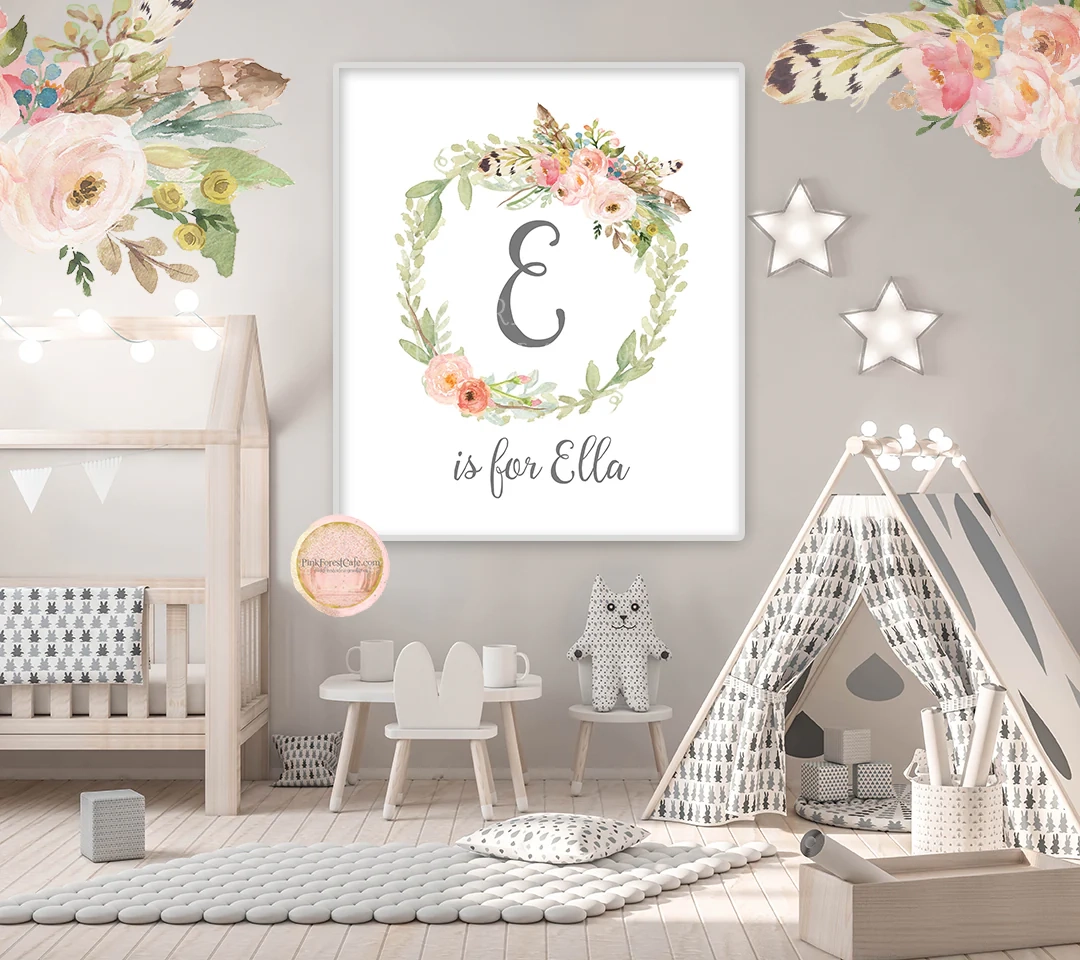 Boho Baby Name Wall Art Print Woodland Feather Nursery Baby Girl Room Pink Forest Cafe
