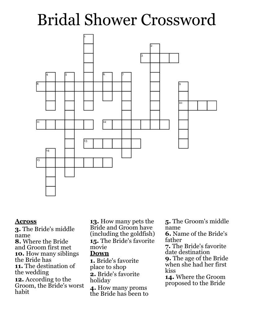 Bridal Shower Crossword WordMint Bridal Shower Crossword WordMint