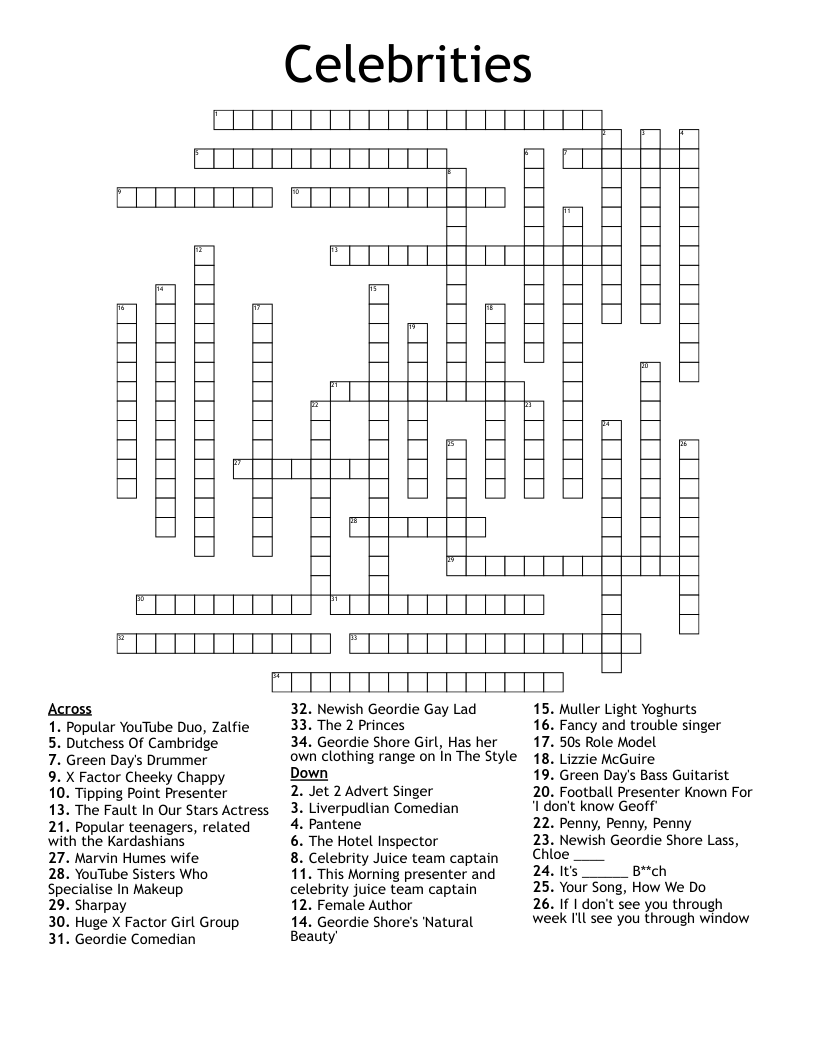 Celebrities Crossword WordMint Celebrities Crossword WordMint