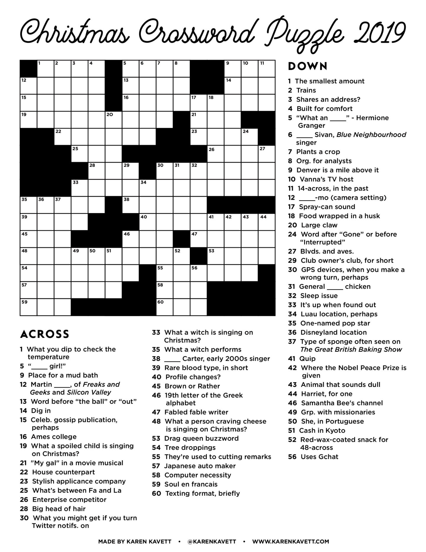 Christmas Crossword Puzzle 2019 Karen Kavett