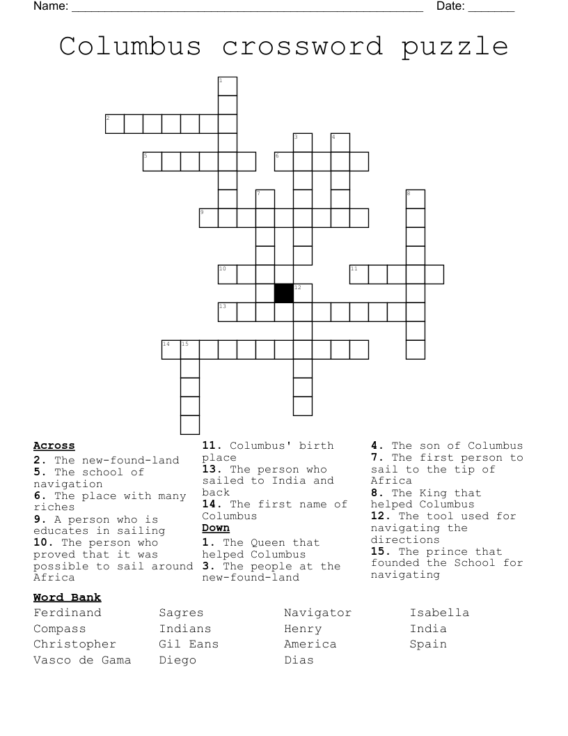 Columbus Crossword Puzzle WordMint