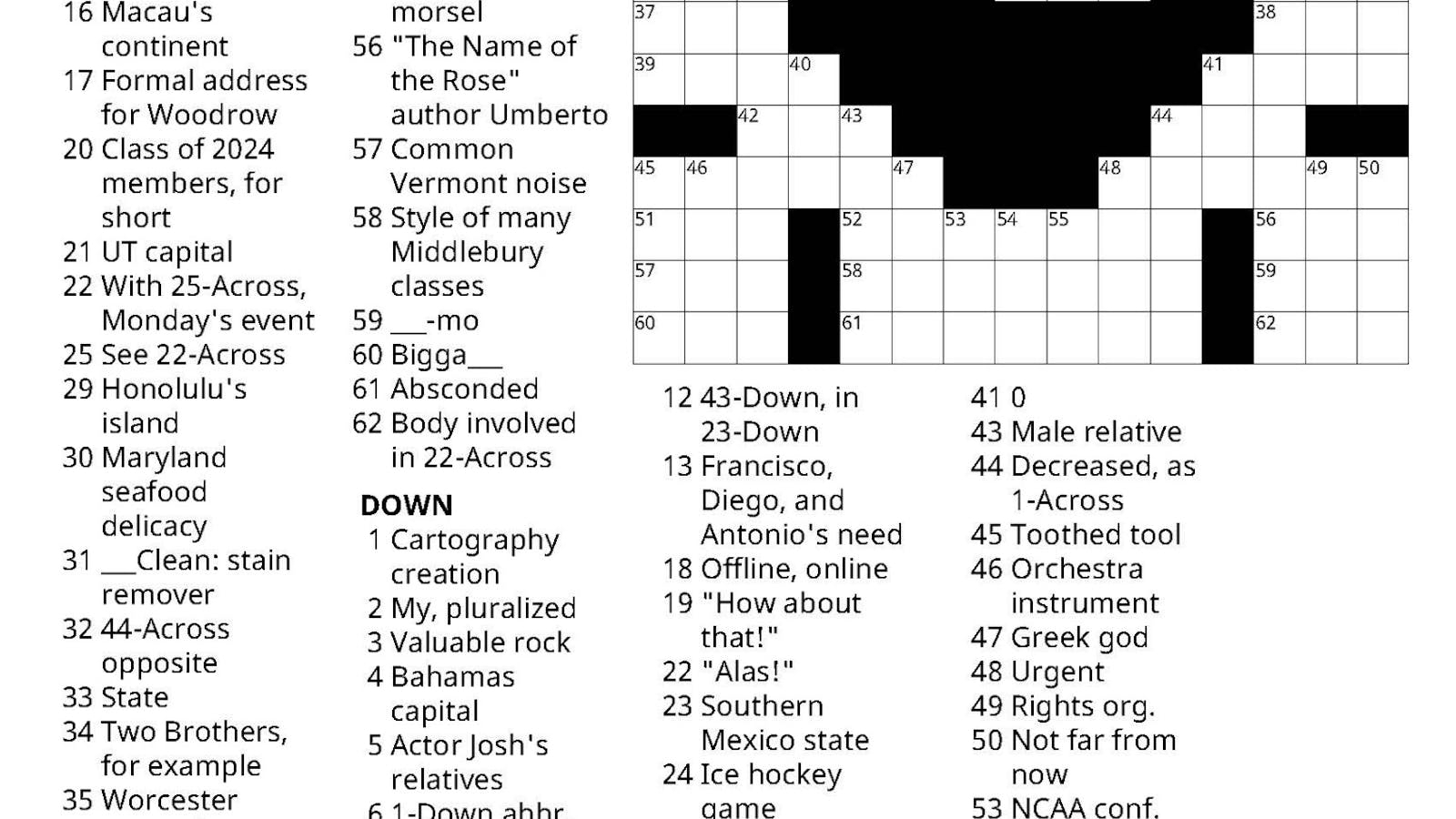 Crossword 04 11 2024 The Middlebury Campus