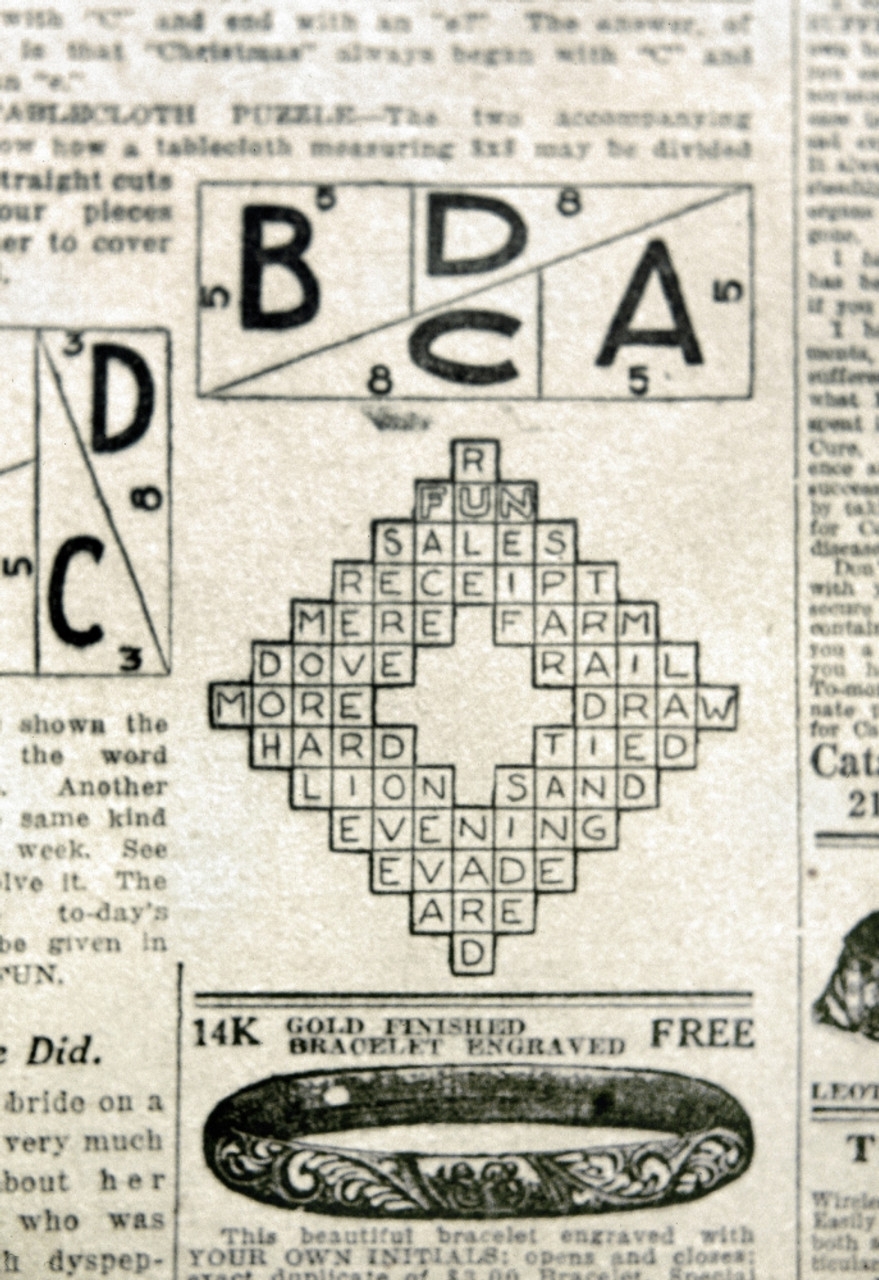 Crossword Puzzle 1913 Nsolution To The First Crossword Puzzle From The Fun Supplement Of The Sunday Edition Of The New York World 21 December 