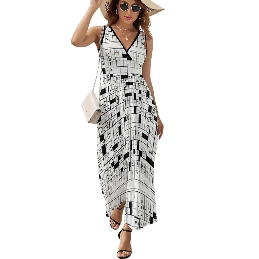Crossword Puzzle Pattern Women s Print V Neck Stylish Long Dress S At Amazon Women s Clothing Store