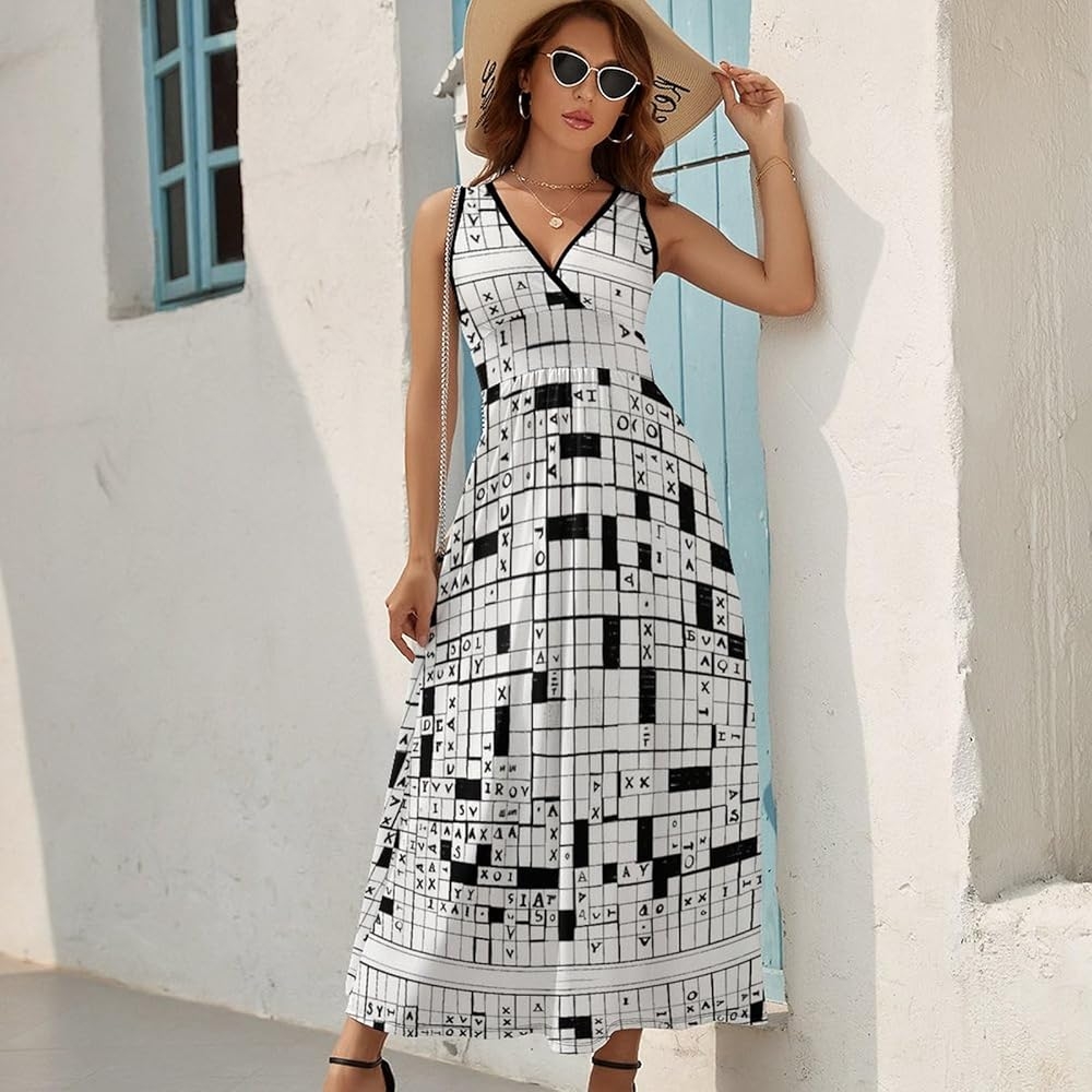 Crossword Puzzle Pattern Women s Print V Neck Stylish Long Dress S At Amazon Women s Clothing Store