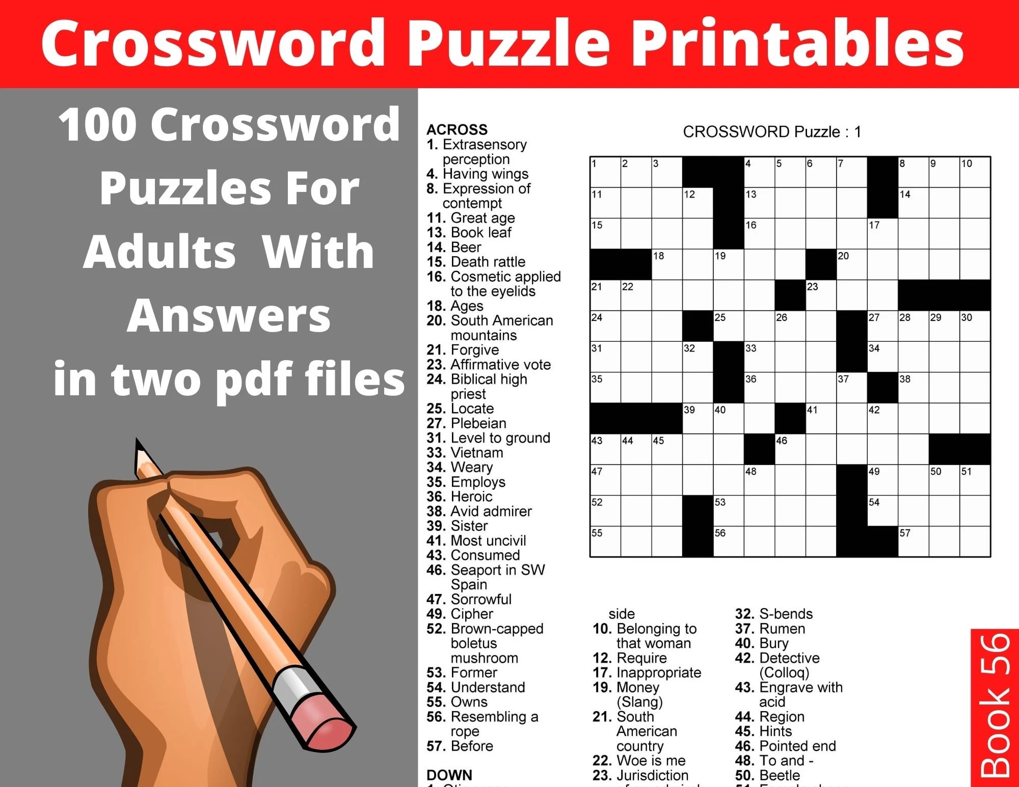 Crossword Puzzles For Adults 100 Printable Crosswords With Solutions digital Download Etsy