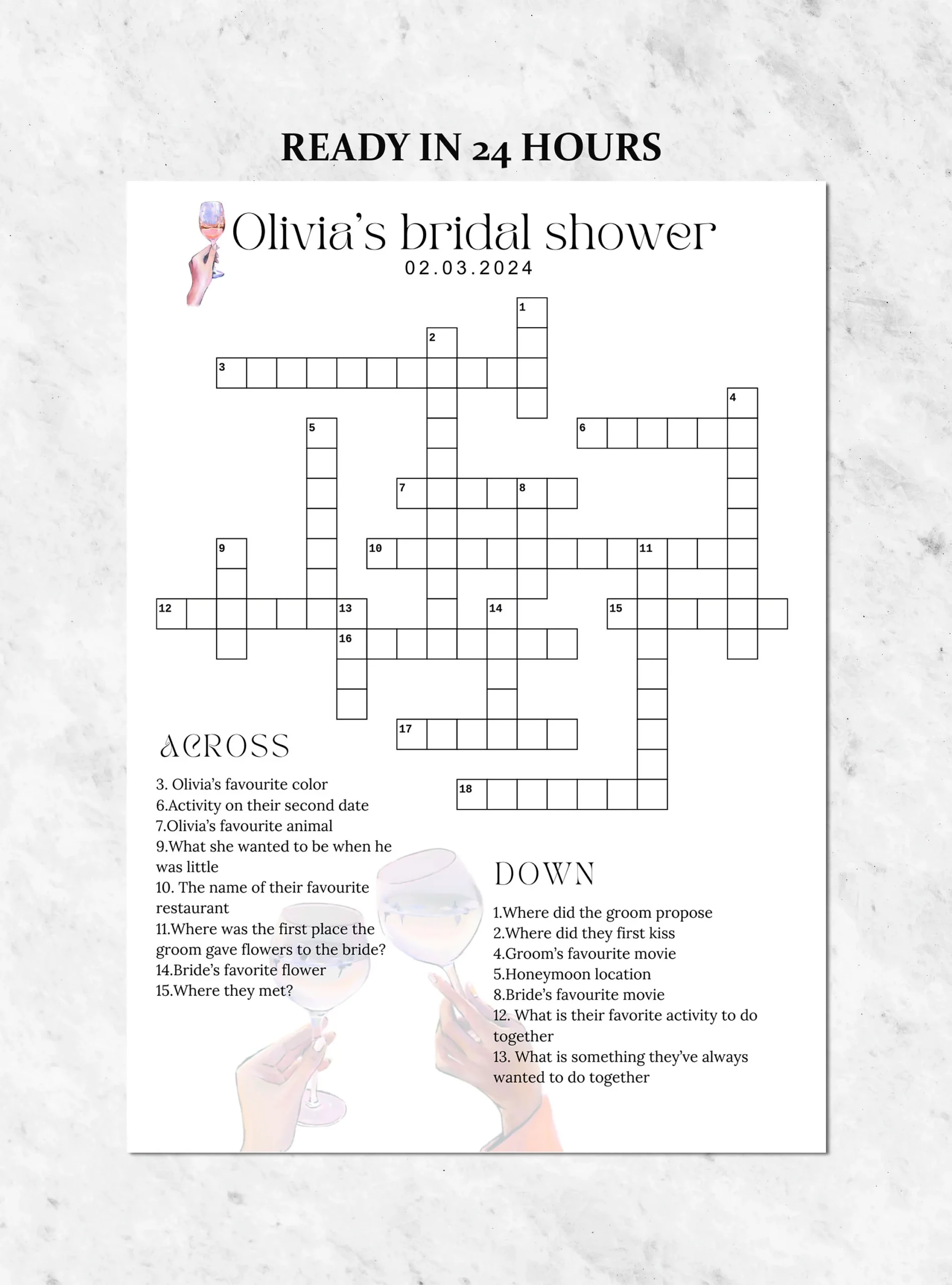 Custom Bridal Shower Crossword Puzzle Game Custom Wedding Activity Lawn Games Wedding Crossword Puzzle Wedding Puzzle Etsy