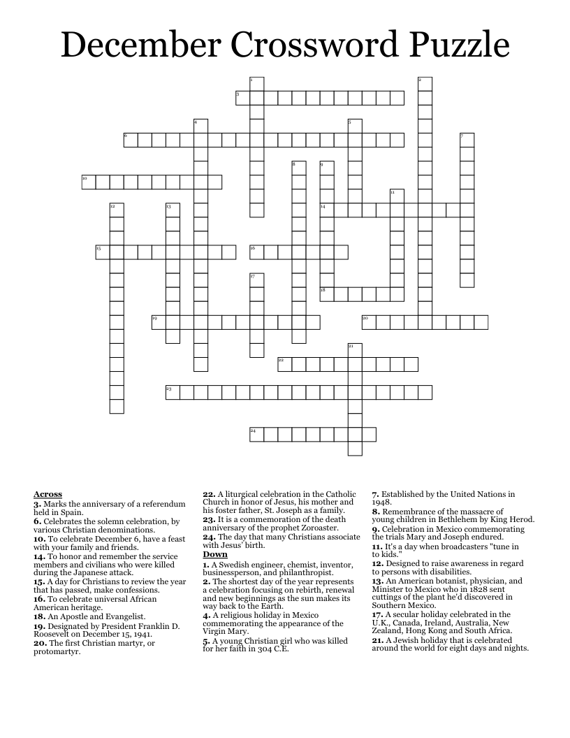 Printable Crossword Puzzles For December 2024 Printable Crossword Puzzles For December 2024