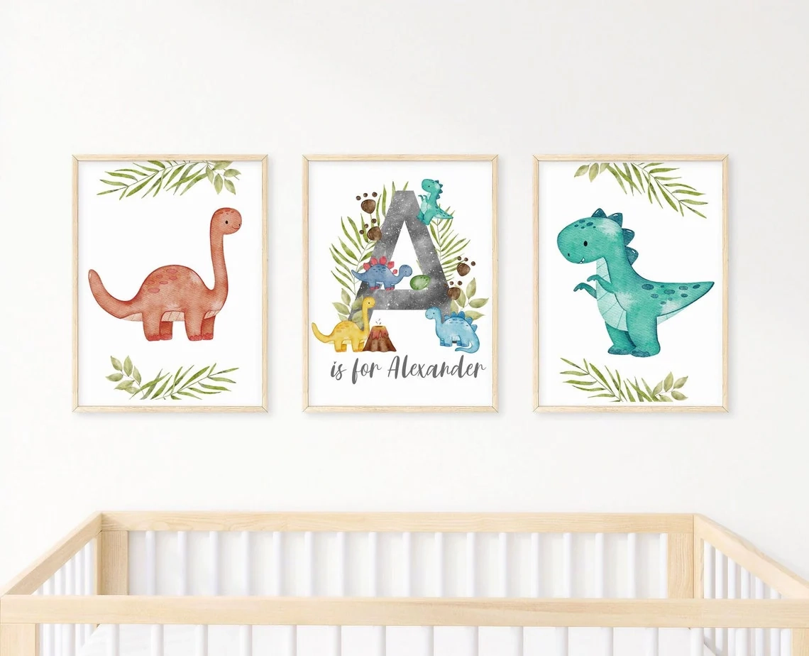 Dinosaur Wall Art Baby Name Initial Print Boy Nursery Decor Set Of DiviArts Studio