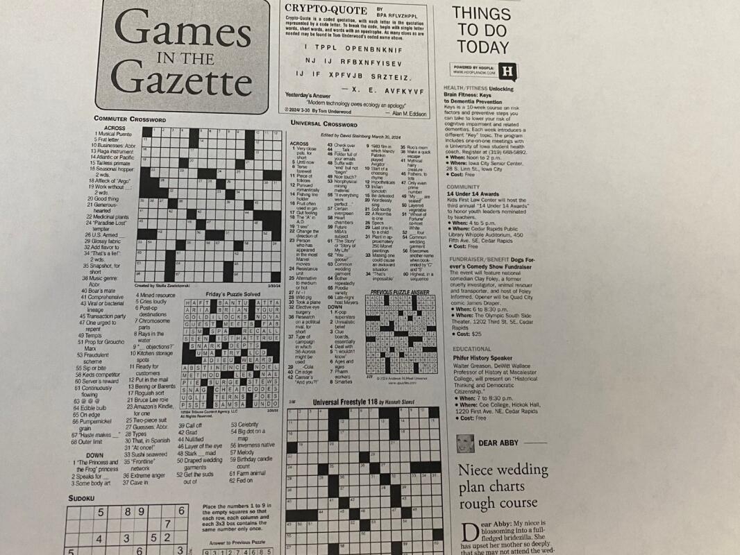 Editor s Note Gazette Adds A New Crossword To Daily Games Page The Gazette