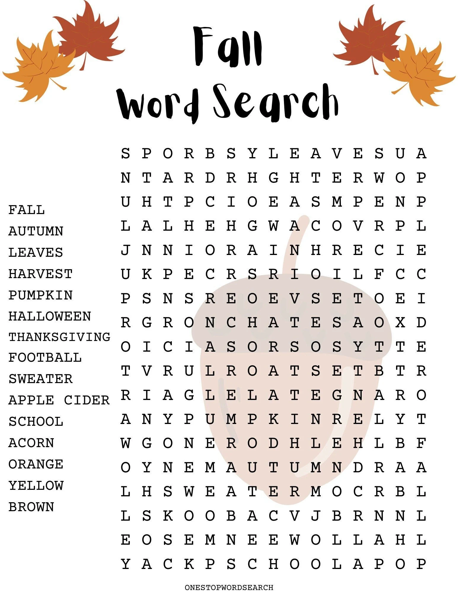 Fall Word Search Puzzle With Answer Sheet Autumn Word Search Seasonal Games Seasonal Puzzles Family Activities Children s Puzzles
