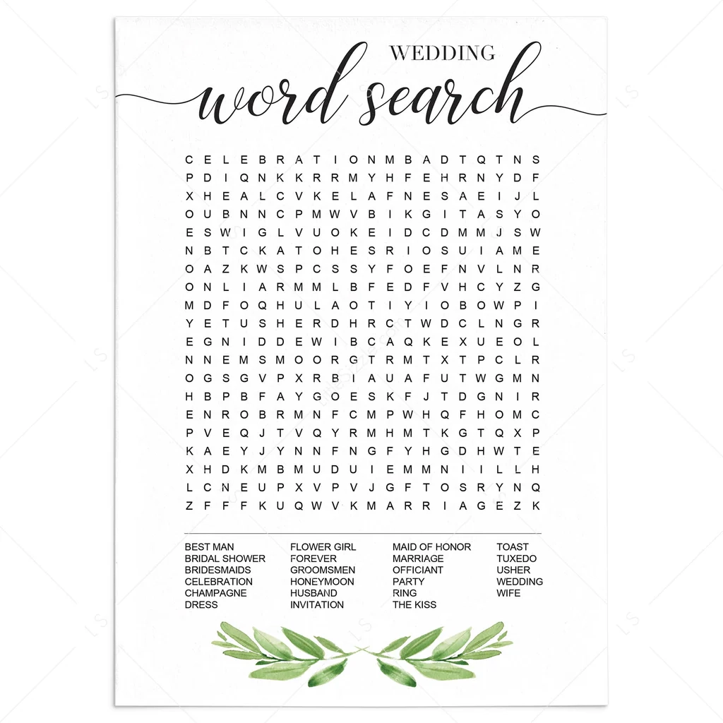 Foliage Wedding Word Search Game Printable Instant Download LittleSizzle