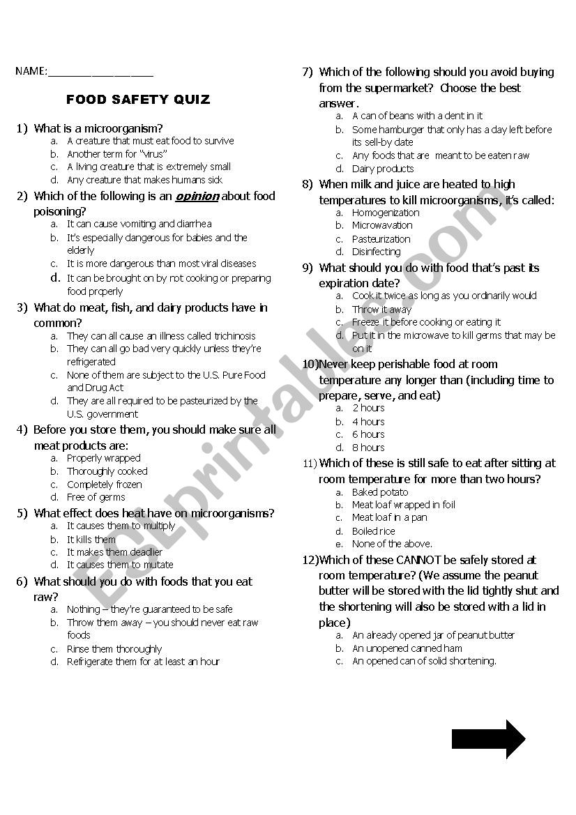 Food Safety Quiz ESL Worksheet By Yatesan Food Safety Quiz ESL Worksheet By Yatesan