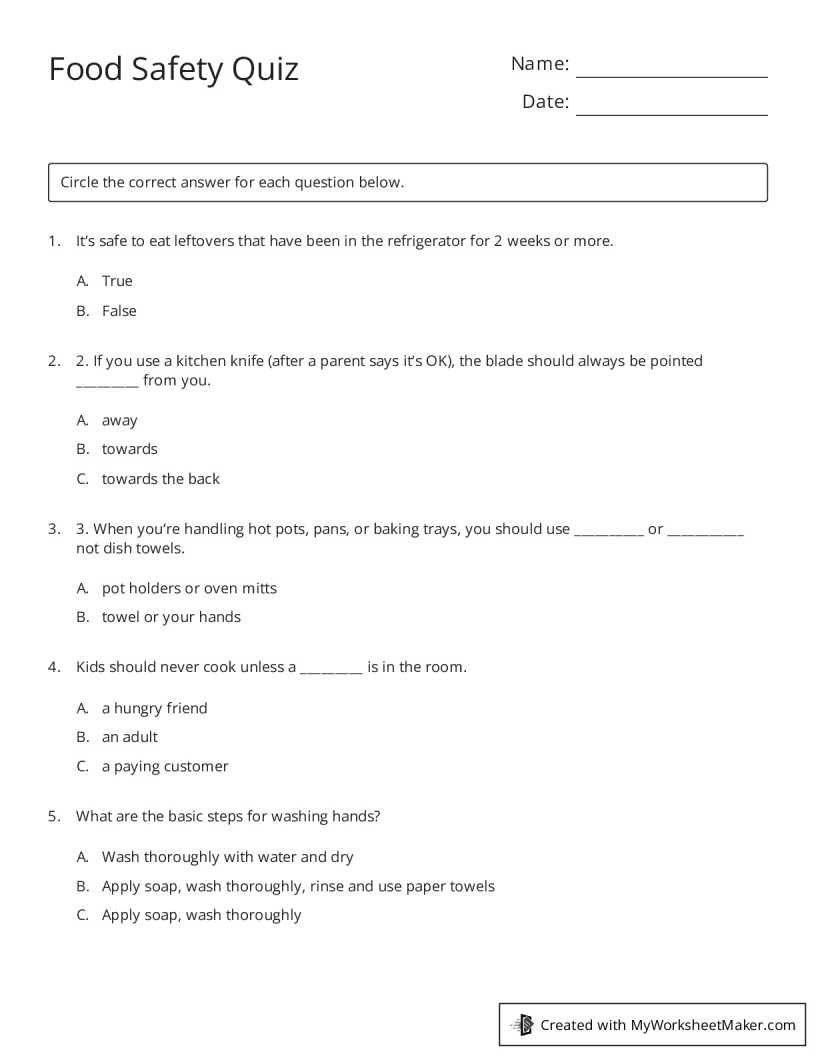 Food Safety Quiz My Worksheet Maker Create Your Own Worksheets Food Safety Quiz My Worksheet Maker Create Your Own Worksheets
