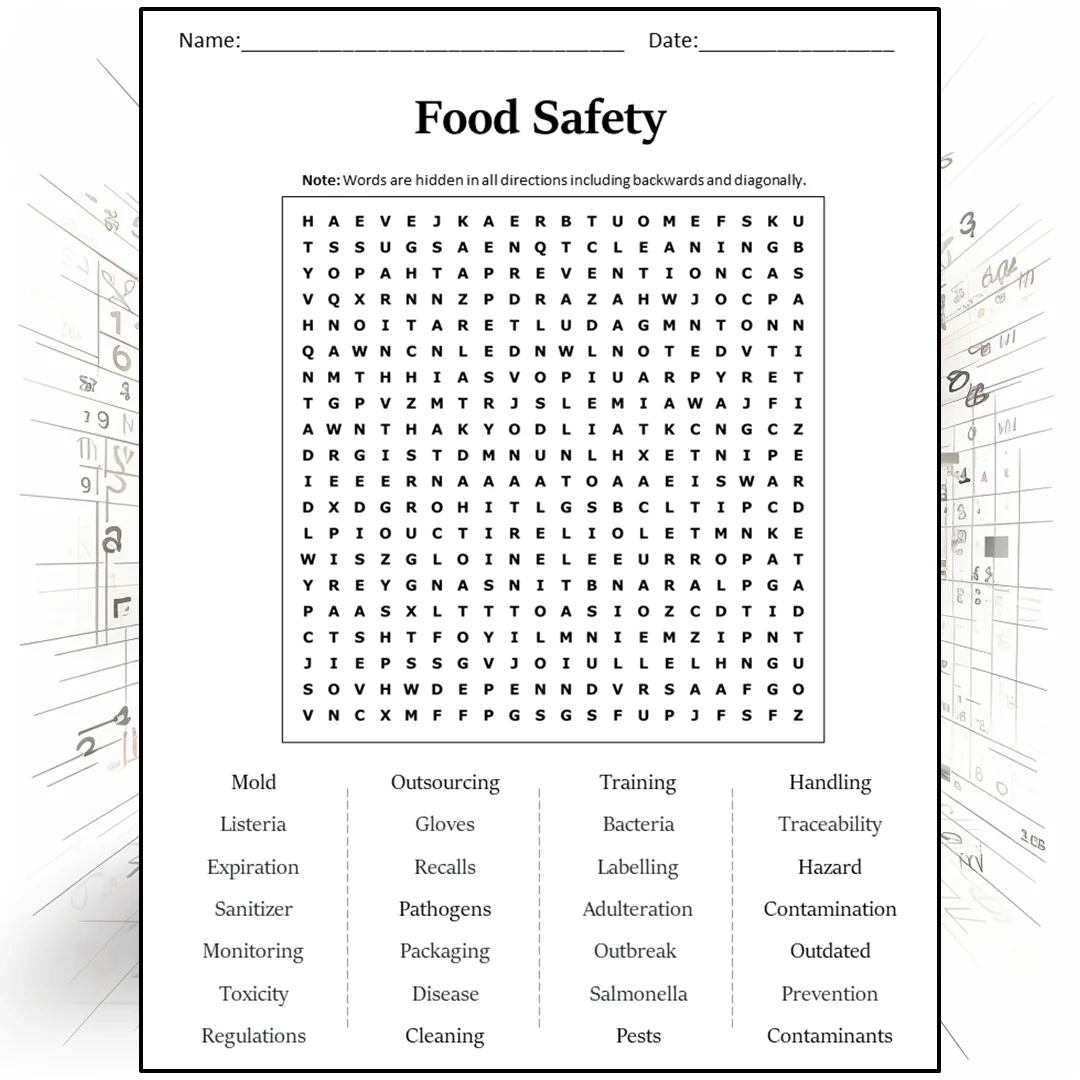 Food Safety Word Search Puzzle Worksheet Activity PDF PrintableBazaar