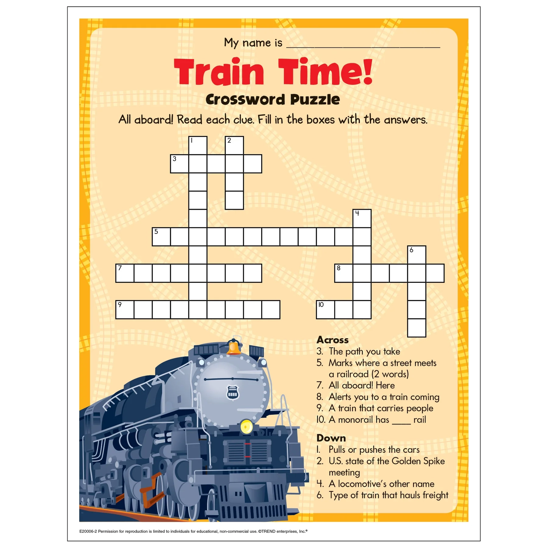 Free Printable Train Time Crossword Puzzle TREND Enterprises Inc 