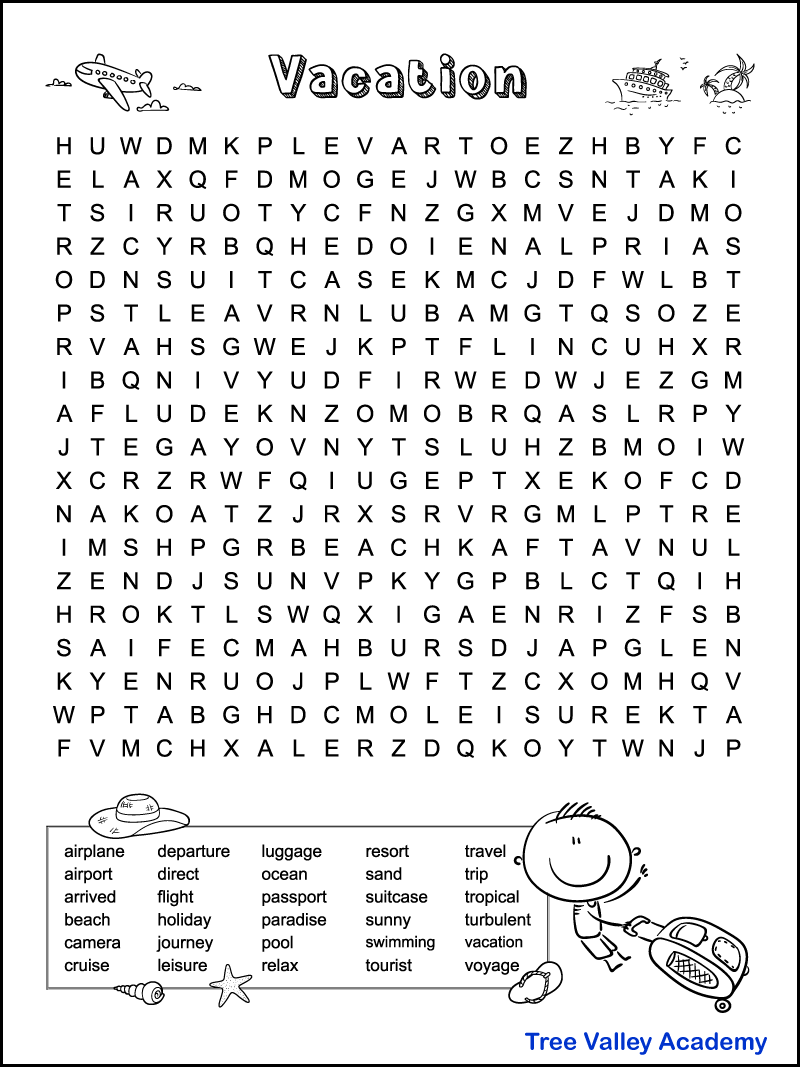 Free Printable Vacation Word Puzzle For Kids Tree Valley Academy Free Printable Vacation Word Puzzle For Kids Tree Valley Academy