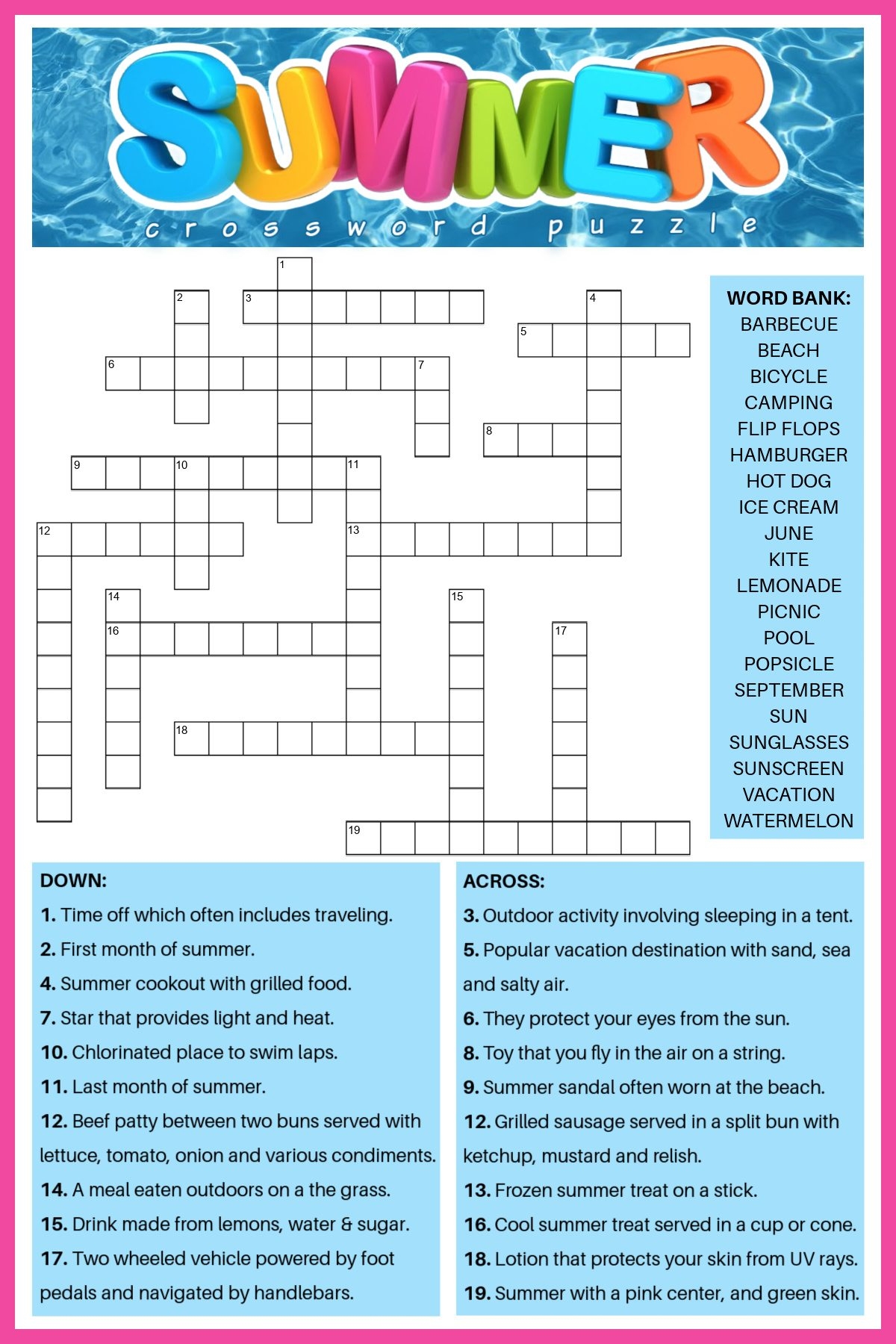 Summer Fun Crossword Puzzle Printable