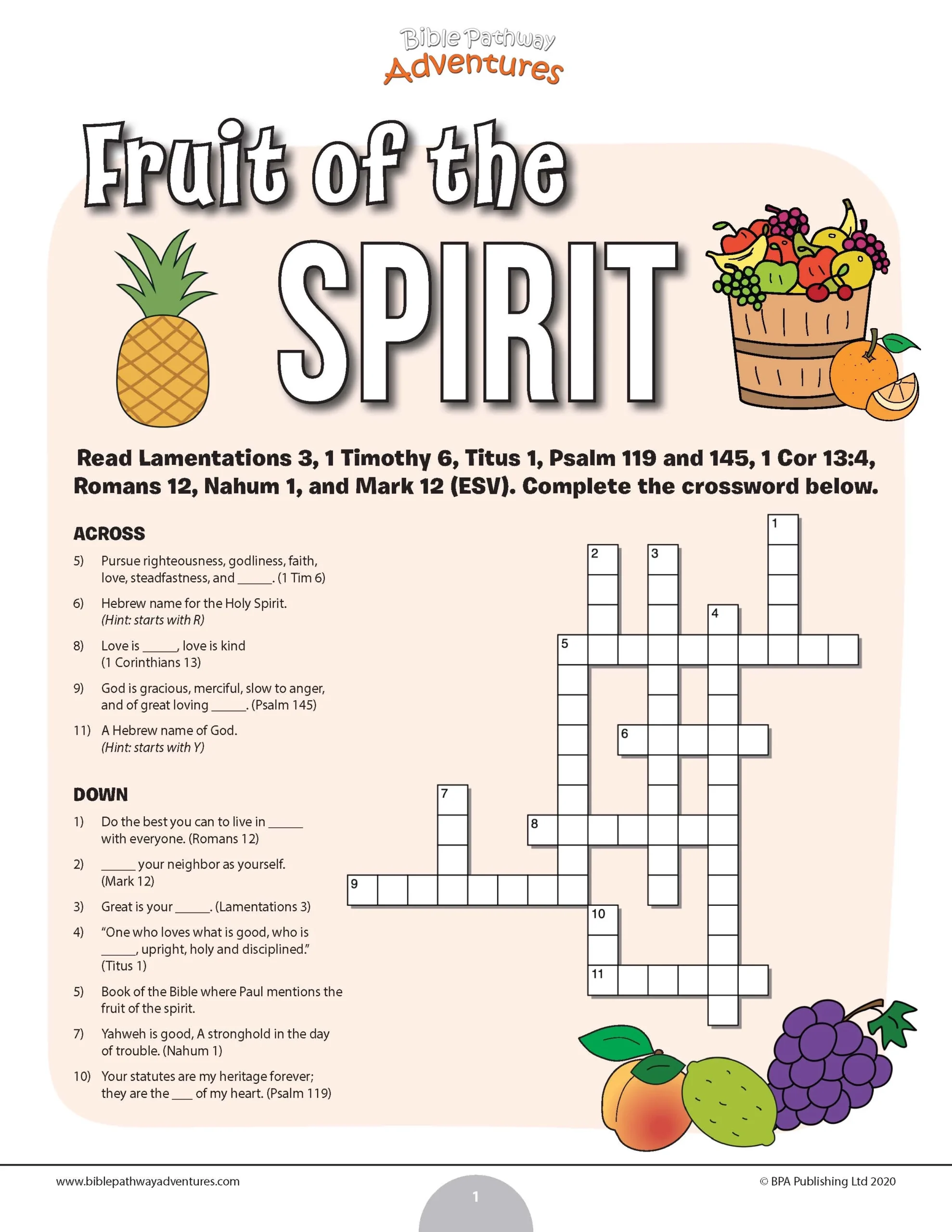 Fruit Of The Spirit Crossword Puzzle PDF Bible Pathway Adventures