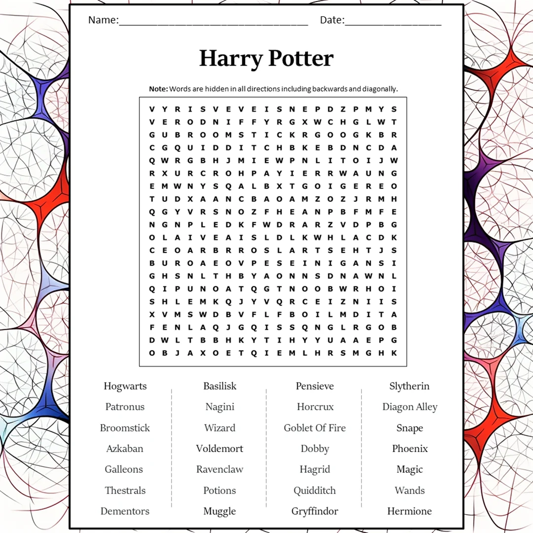 Harry Potter Word Search Puzzle Worksheet Activity PDF PrintableBazaar
