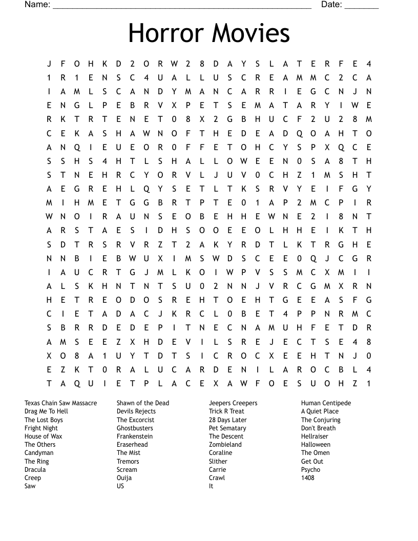 Horror Movies Word Search WordMint Horror Movies Word Search WordMint