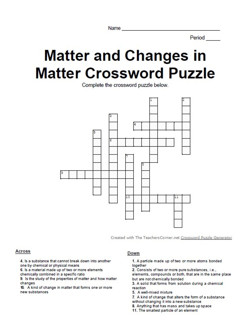 Introduction To Chemistry Matter And Changes In Matter Crossword Puzzle Amped Up Learning