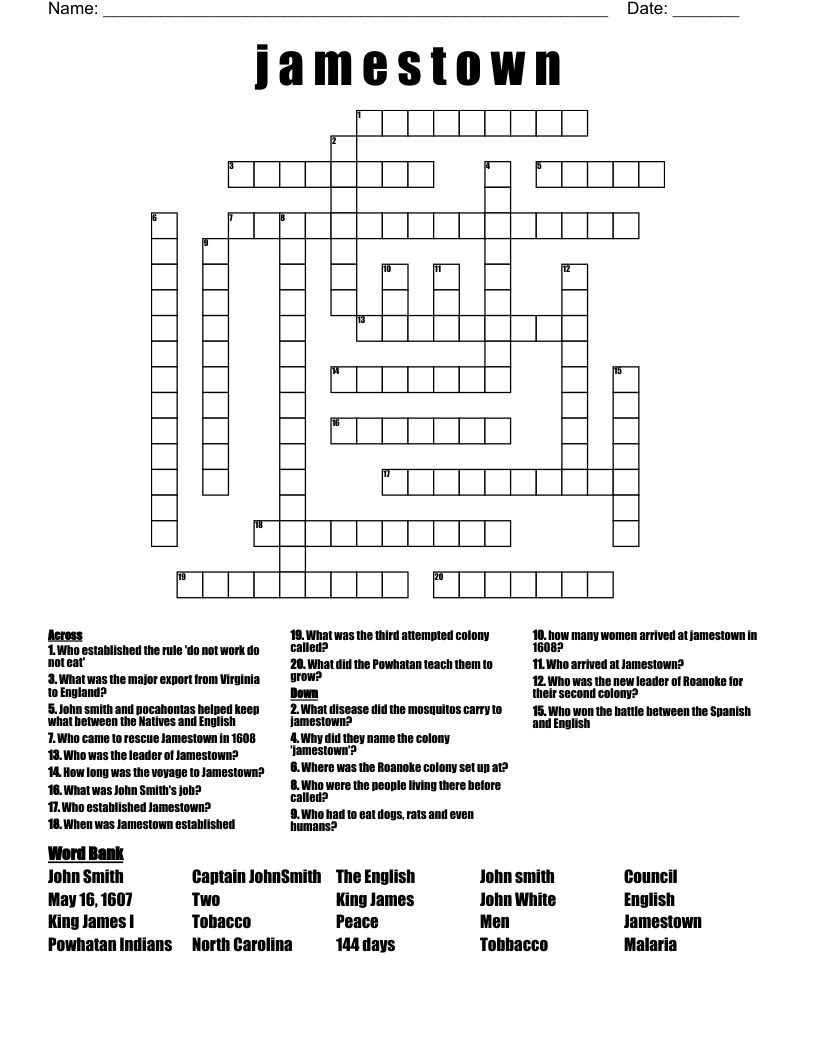 J A M E S T O W N Crossword WordMint J A M E S T O W N Crossword WordMint