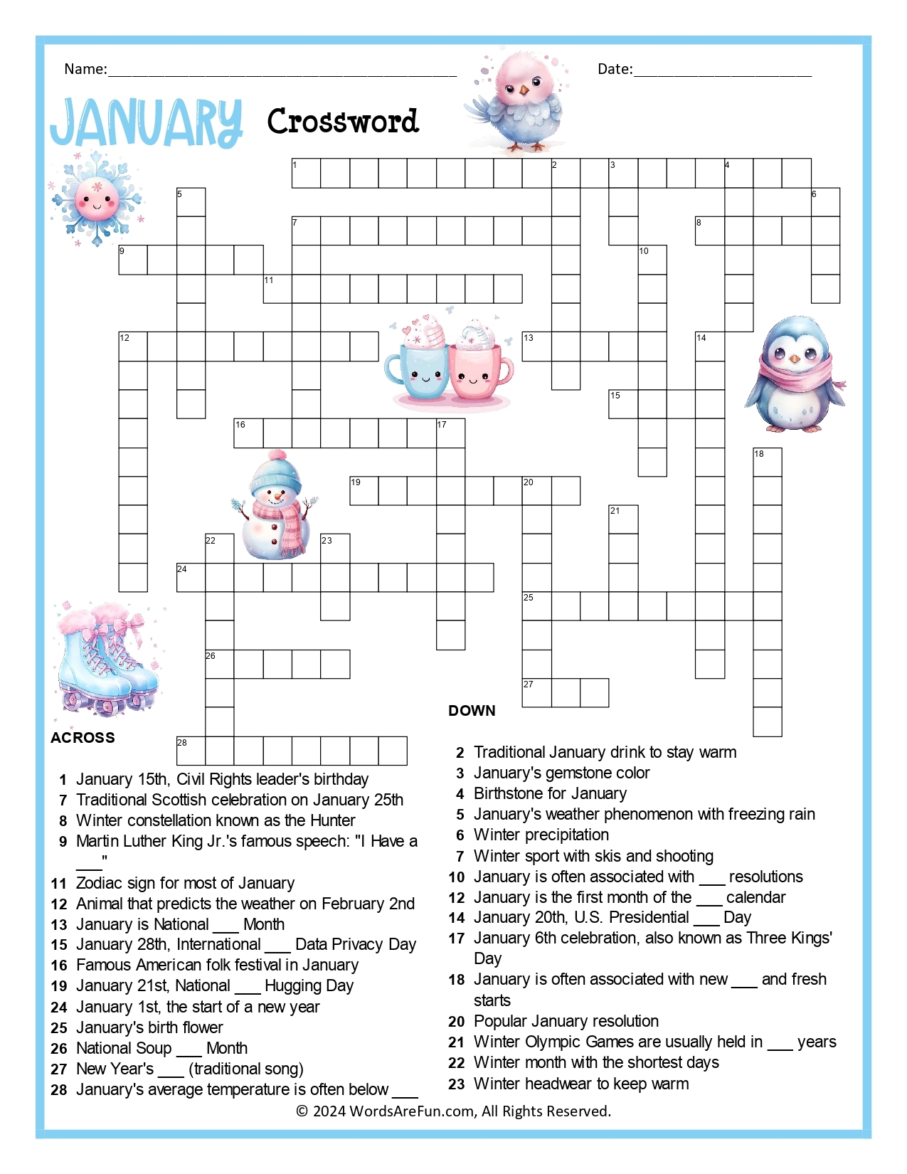 Winter Crossword Puzzle Free Printable