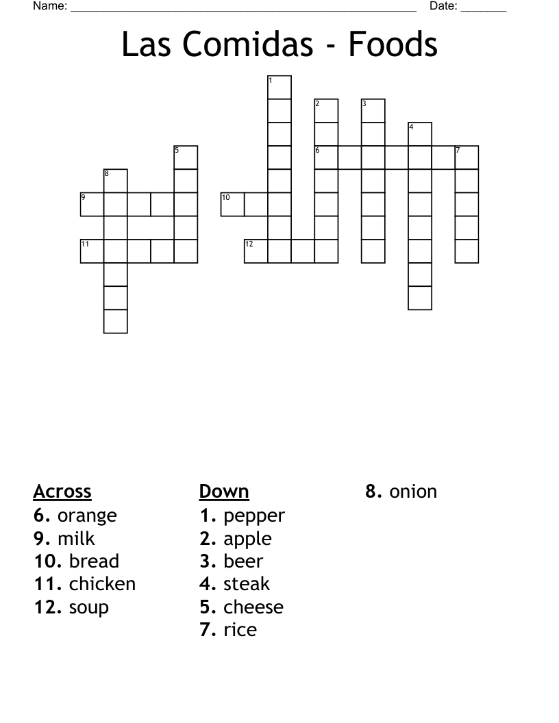 Las Comidas Foods Crossword WordMint Las Comidas Foods Crossword WordMint