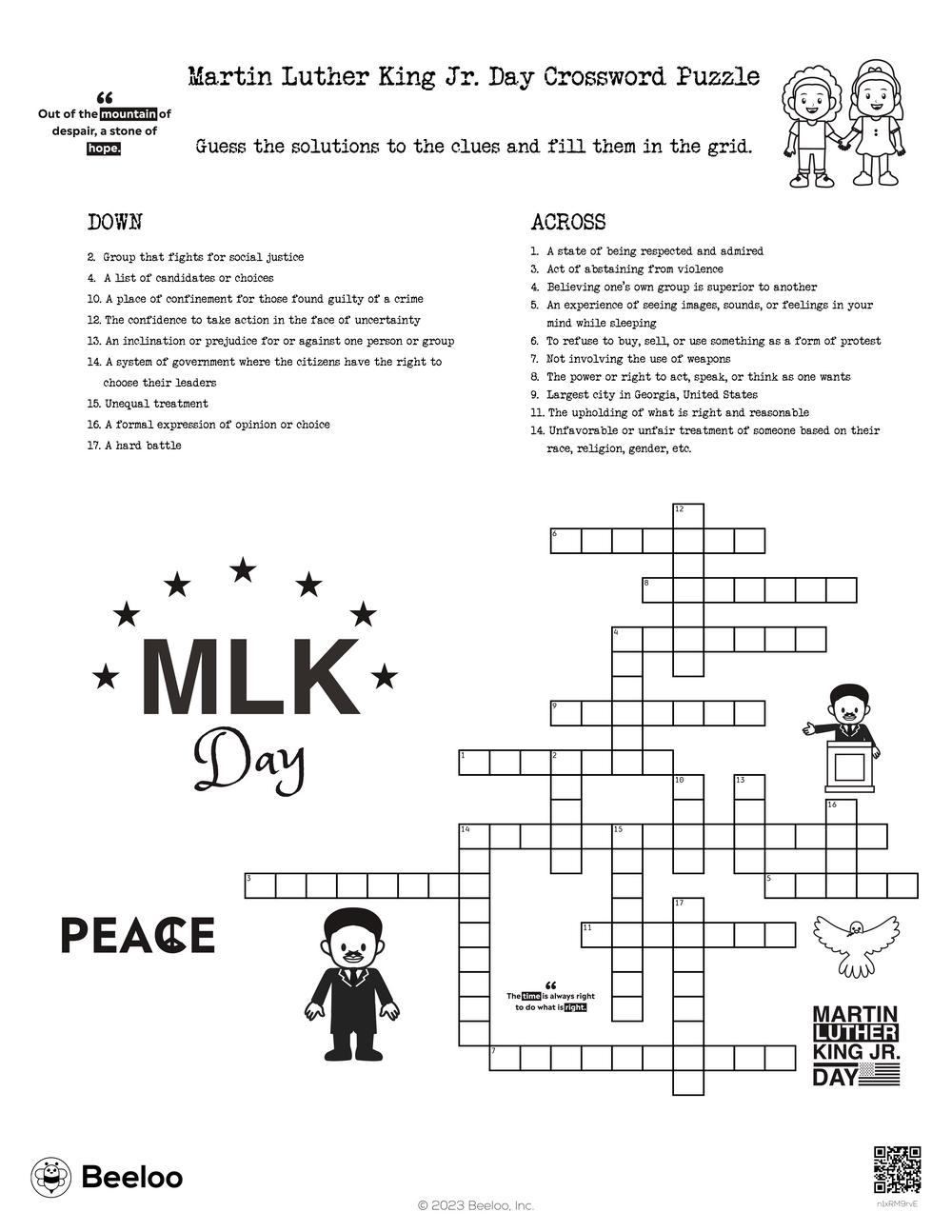 Martin Luther King Jr Day Crossword Puzzle Beeloo Printable Crafts And Activities For Kids