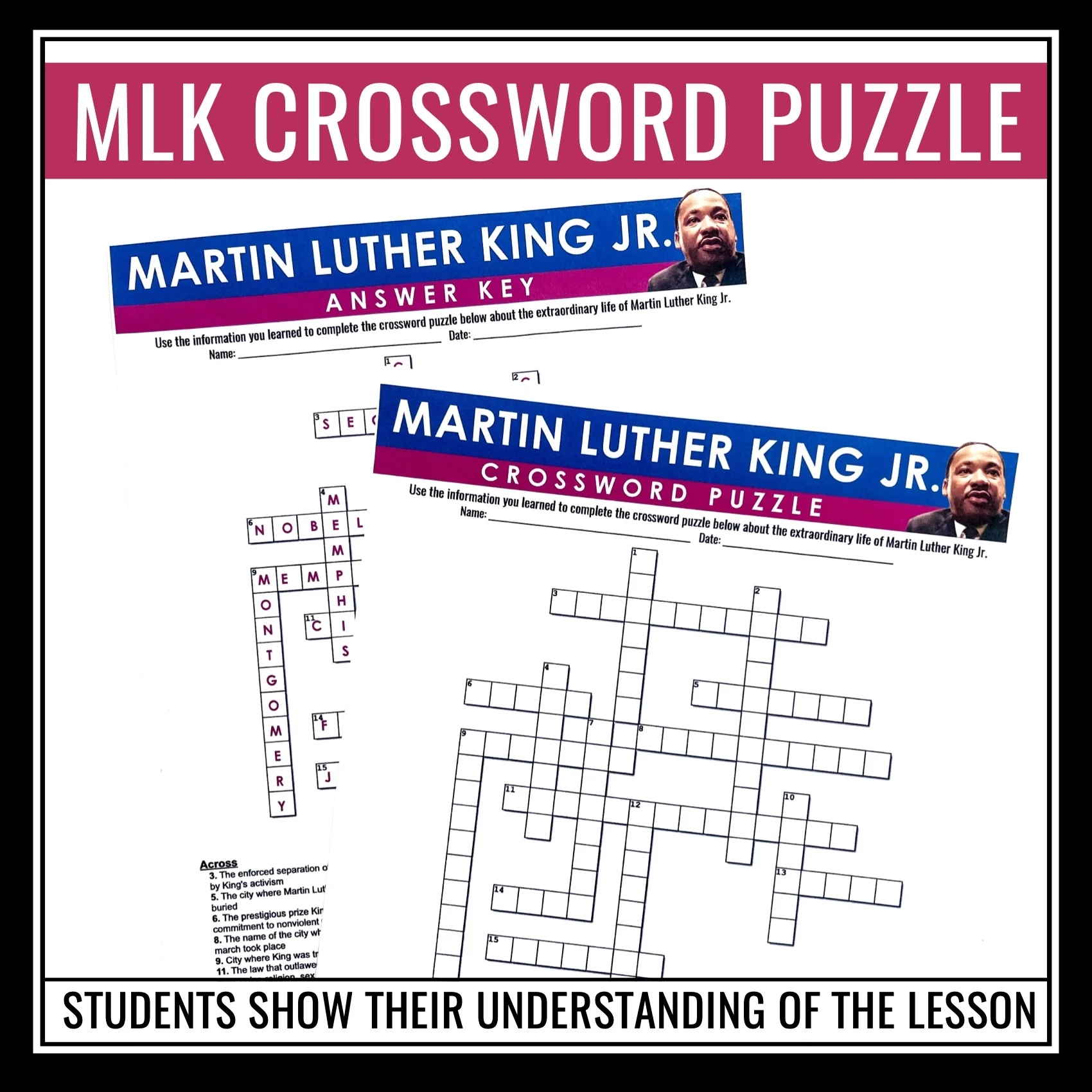 Martin Luther King Jr Day MLK Biography Assignment Crossword Puzzl Presto Plans