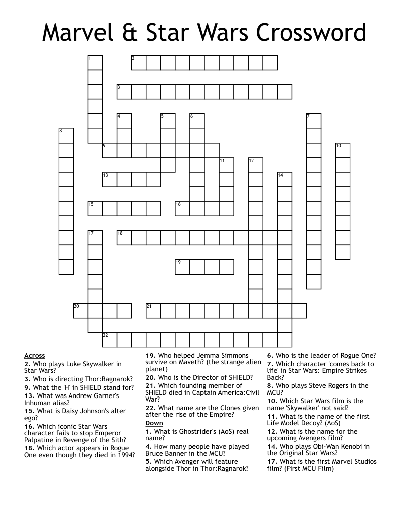 Marvel U0026 Star Wars Crossword WordMint Marvel U0026 Star Wars Crossword WordMint