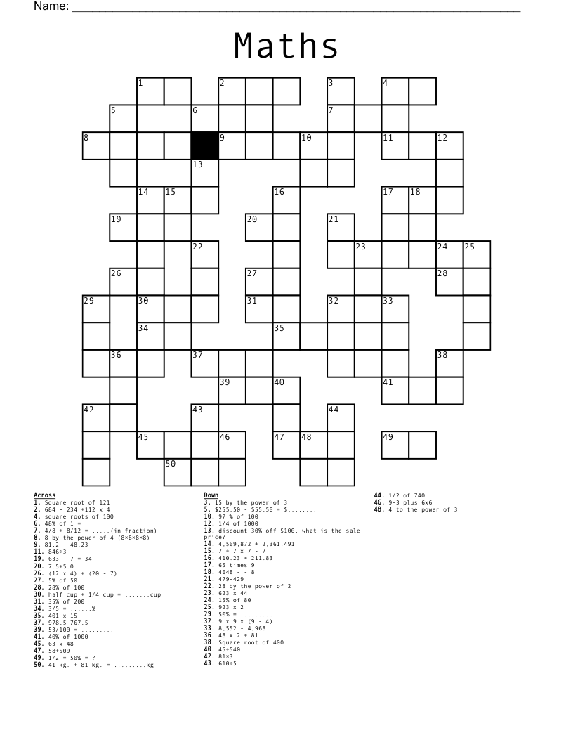 Math Crossword - Number Puzzle