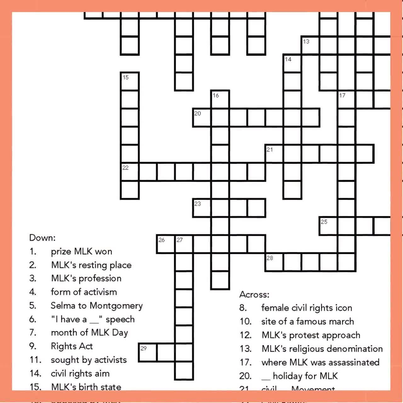 MLK Day Crossword Puzzle Educational Activity For Students And Teachers Civil Rights Martin Luther King Jr Printable PDF Etsy Norway