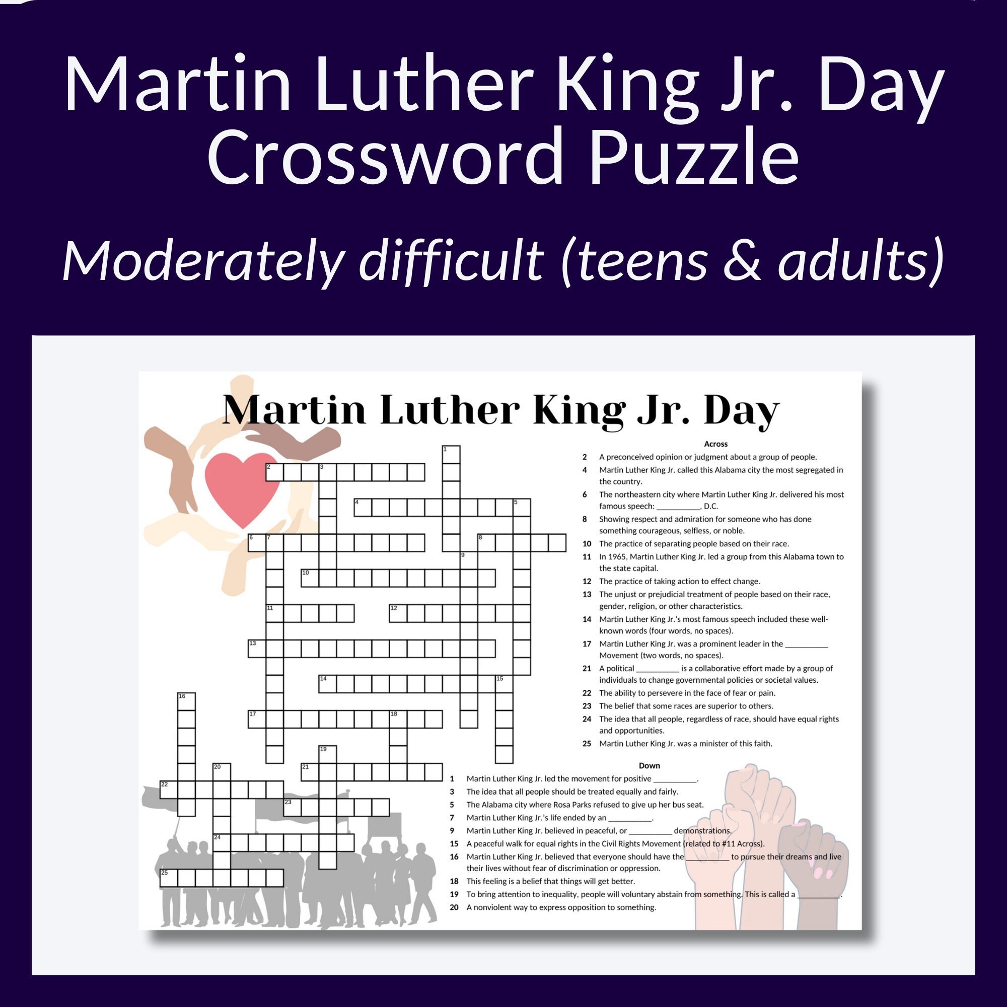 MLK Jr Crossword Puzzle For Parties Or To Learn About MLK Great Cross Word Puzzle For Adults Or Teenagers Etsy