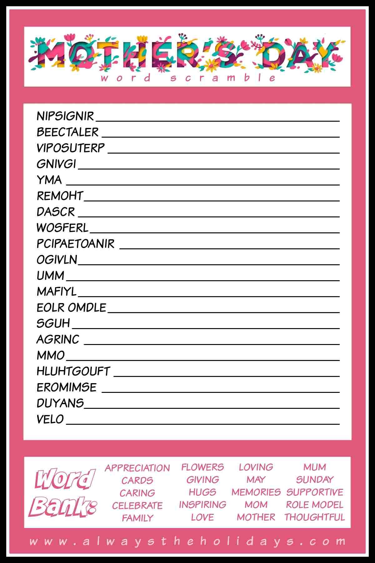 Mother s Day Word Scramble Puzzle Free Mother s Day Printable Mother s Day Word Scramble Puzzle Free Mother s Day Printable