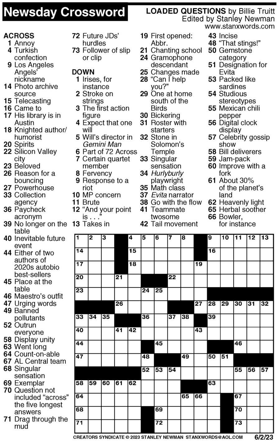 Newsday Crossword Puzzle For Jun 02 2023 By Stanley Newman Creators Syndicate