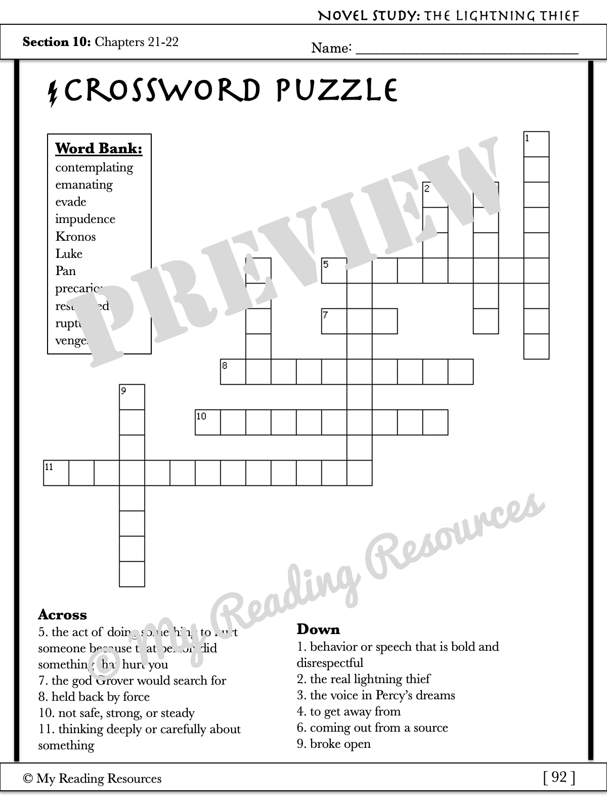 Percy Jackson Crossword Puzzle Printable