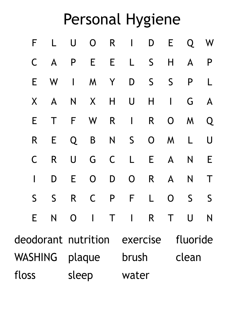 Personal Hygiene Word Search WordMint Personal Hygiene Word Search WordMint