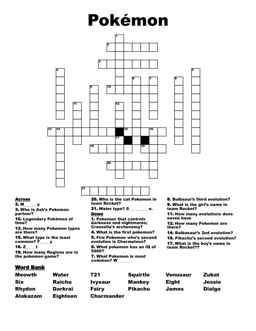 Pok mon Crossword WordMint Pok mon Crossword WordMint