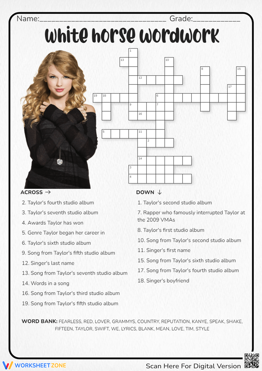 Printable Taylor Swift Crossword Worksheets Printable Taylor Swift Crossword Worksheets