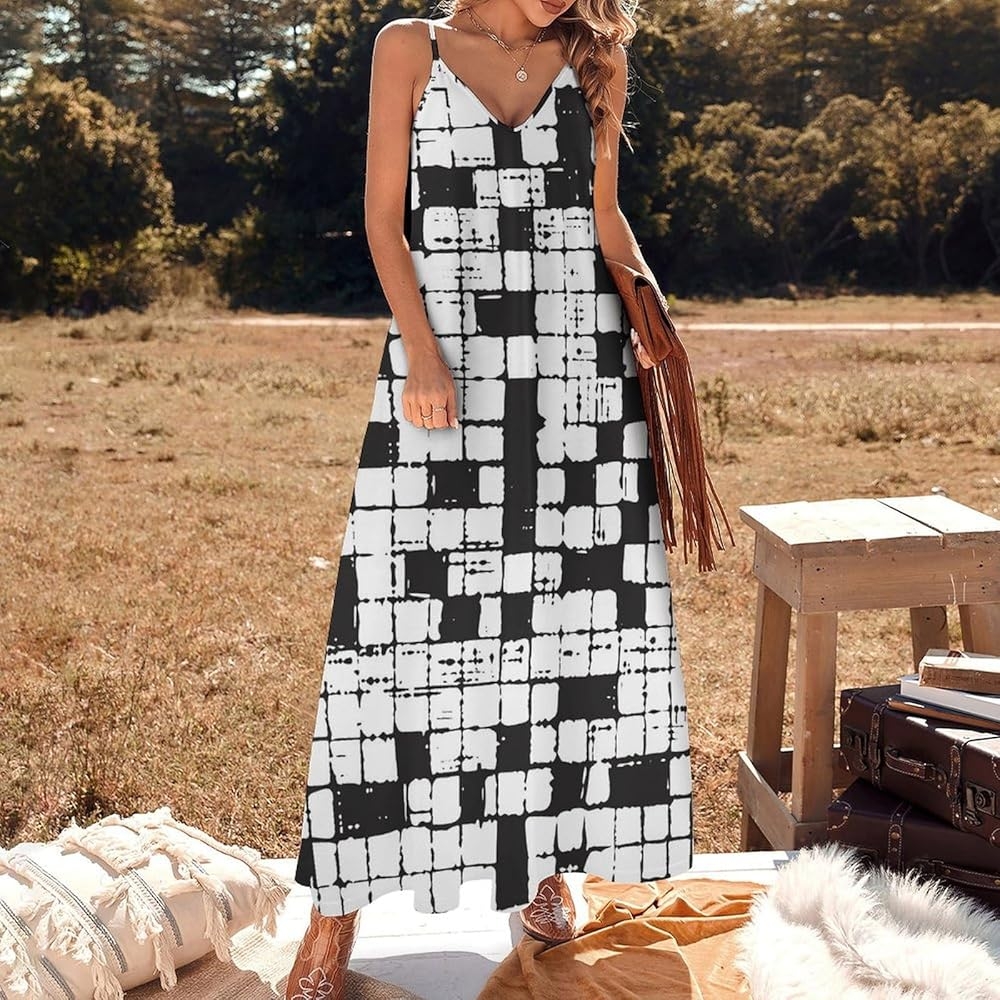 Qodwnep Crossword Puzzle Pattern Women s Print V Neck Sweet Long Dress S At Amazon Women s Clothing Store
