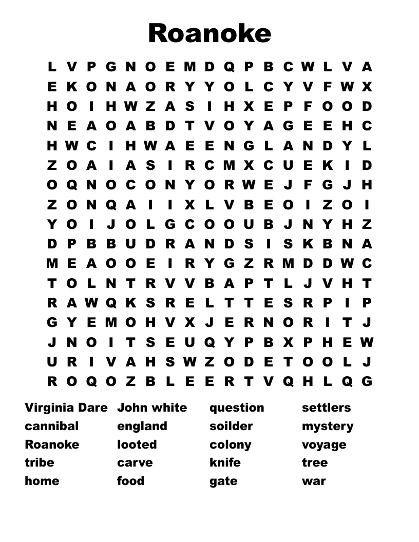 Roanoke Word Search WordMint Roanoke Word Search WordMint